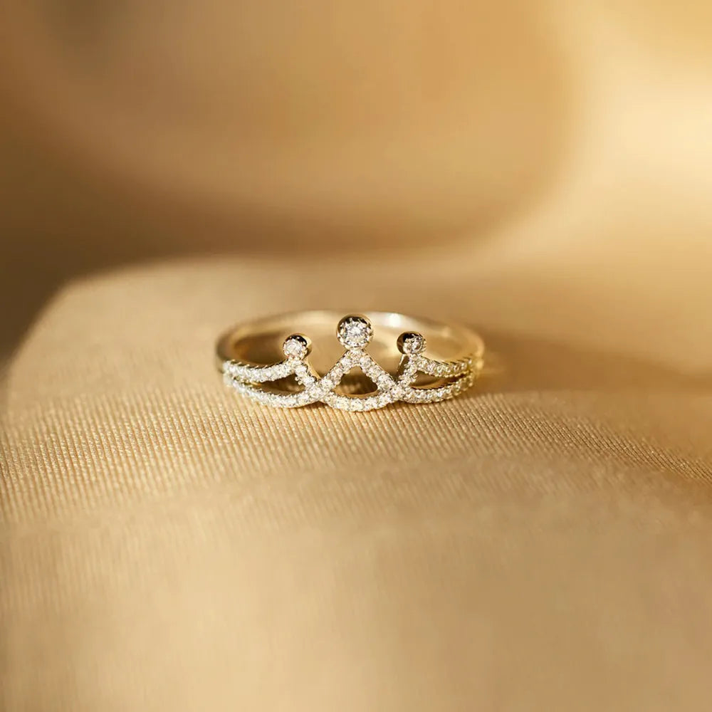 Crown Shape Inlaid Zircon Sterling Silver Ring in Gold - women's ring