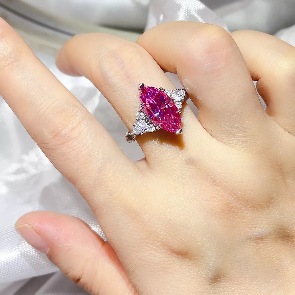5 Carat Moissanite Sterling Silver Ring in Pink - women's ring