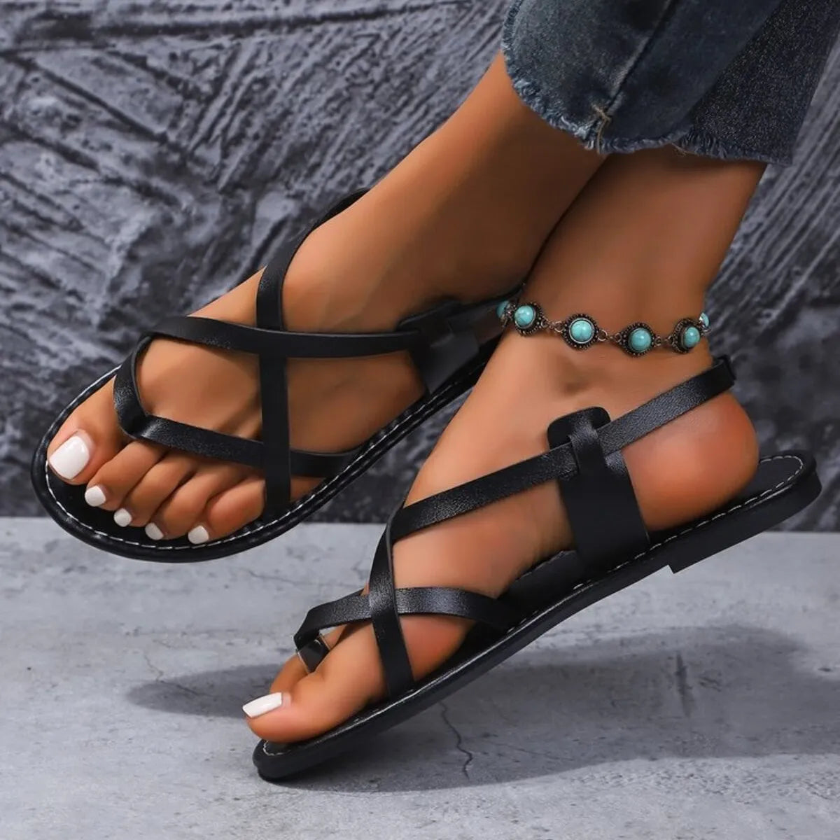 Strappy Cross-Strap Flat Sandals in Black - women's strappy flat sandals