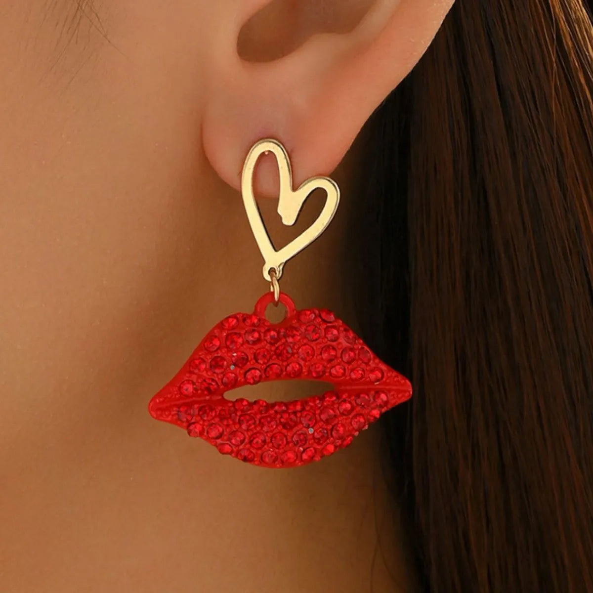 18K Gold-Plated Rhinestone Lips Heart Dangle Earrings - alternate earring view