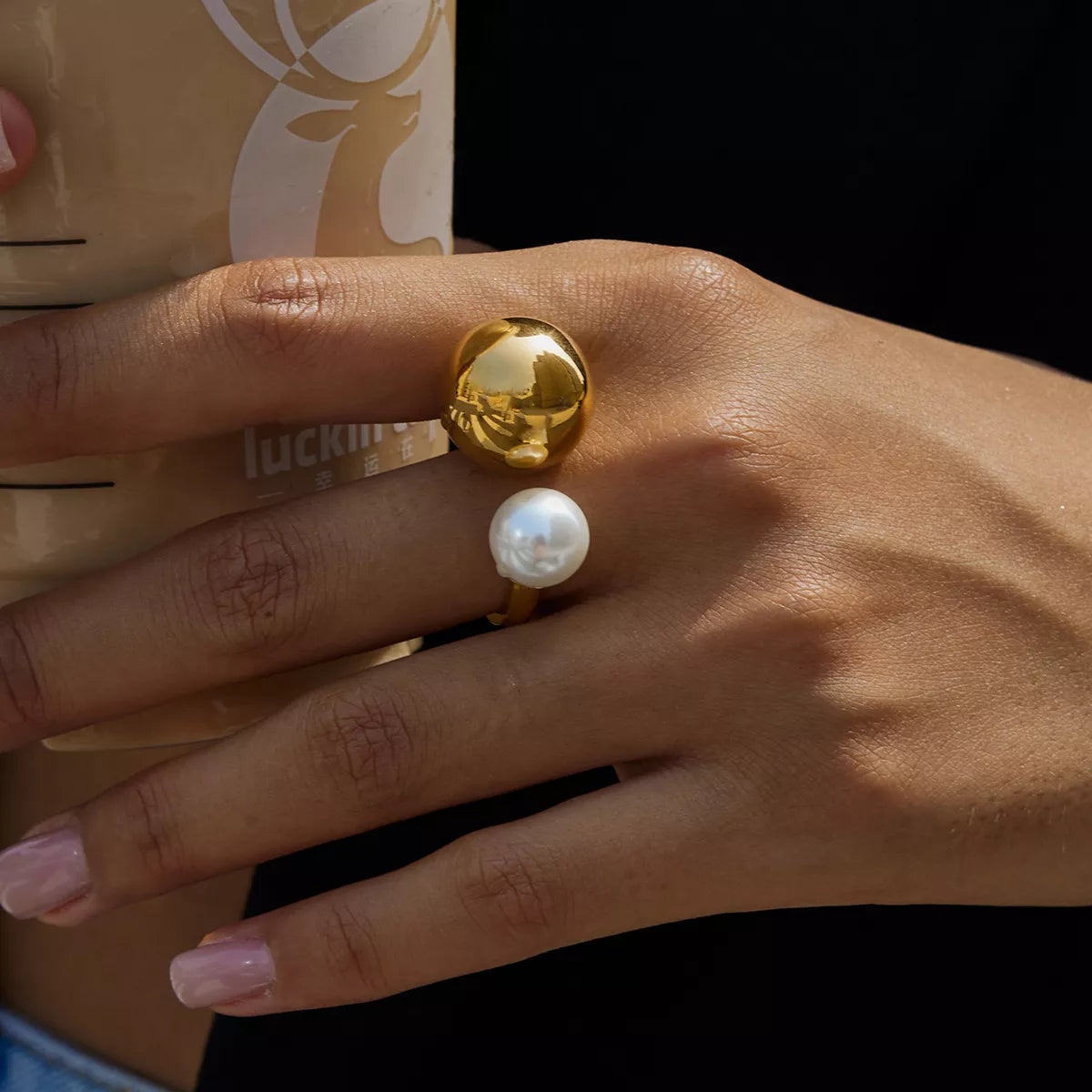18K Gold-Plated Orb & Pearl Open Ring in Gold - women's open ring