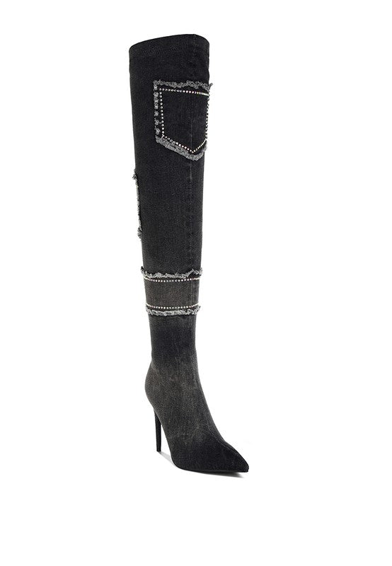 Rhinestones Knee High Denim Boots