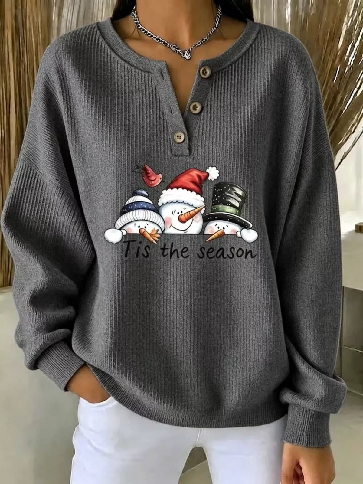 Christmas Themed Snowman Graphic Ribbed Henley Sweatshirt in Scarlet - women's sweatshirt