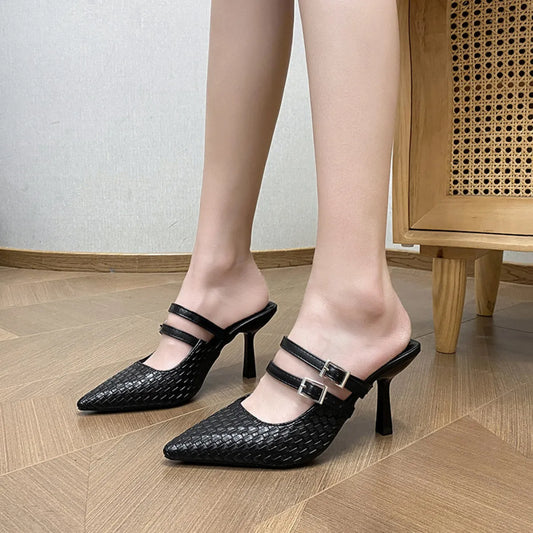 Pointed-Toe Stiletto Sandals in Black - women's heels