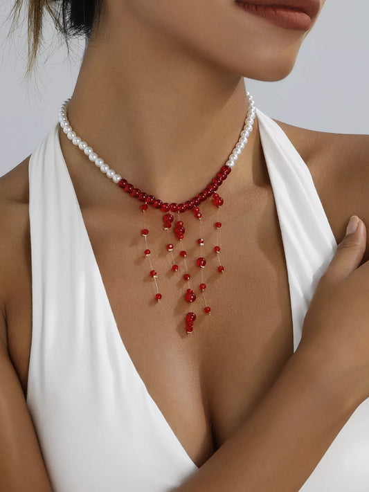 Pearl Beaded Dangle Necklace in Deep Red - women's necklace