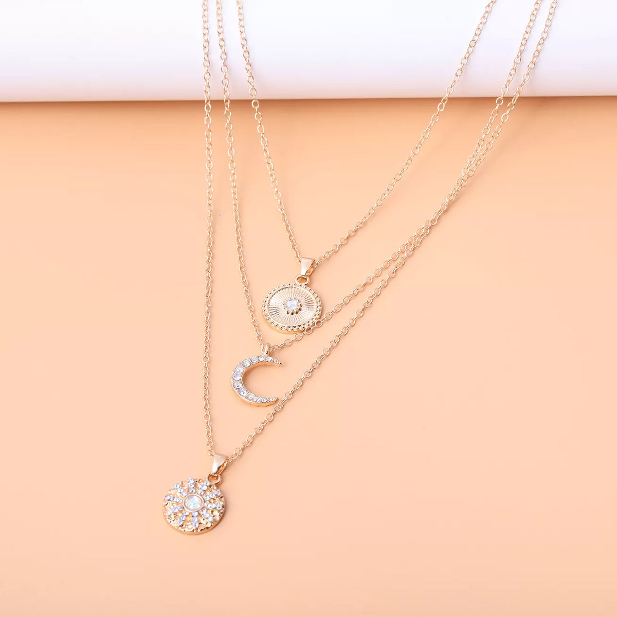 Multi-Layered Gold-Tone Moon and Coin Pendant Necklace - alternate necklace view