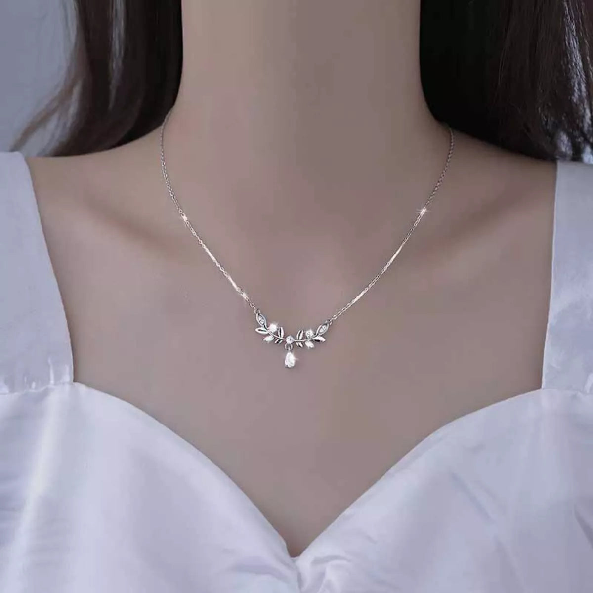 Sterling Silver Zircon Flower Necklace - alternate necklace view
