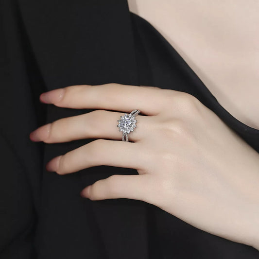 1 Carat Moissanite Sterling Silver Flower Ring in Silver - women's ring