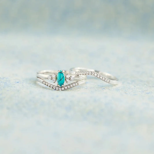 Artificial Turquoise V Shape Inlaid Zircon Ring in Silver - women's ring