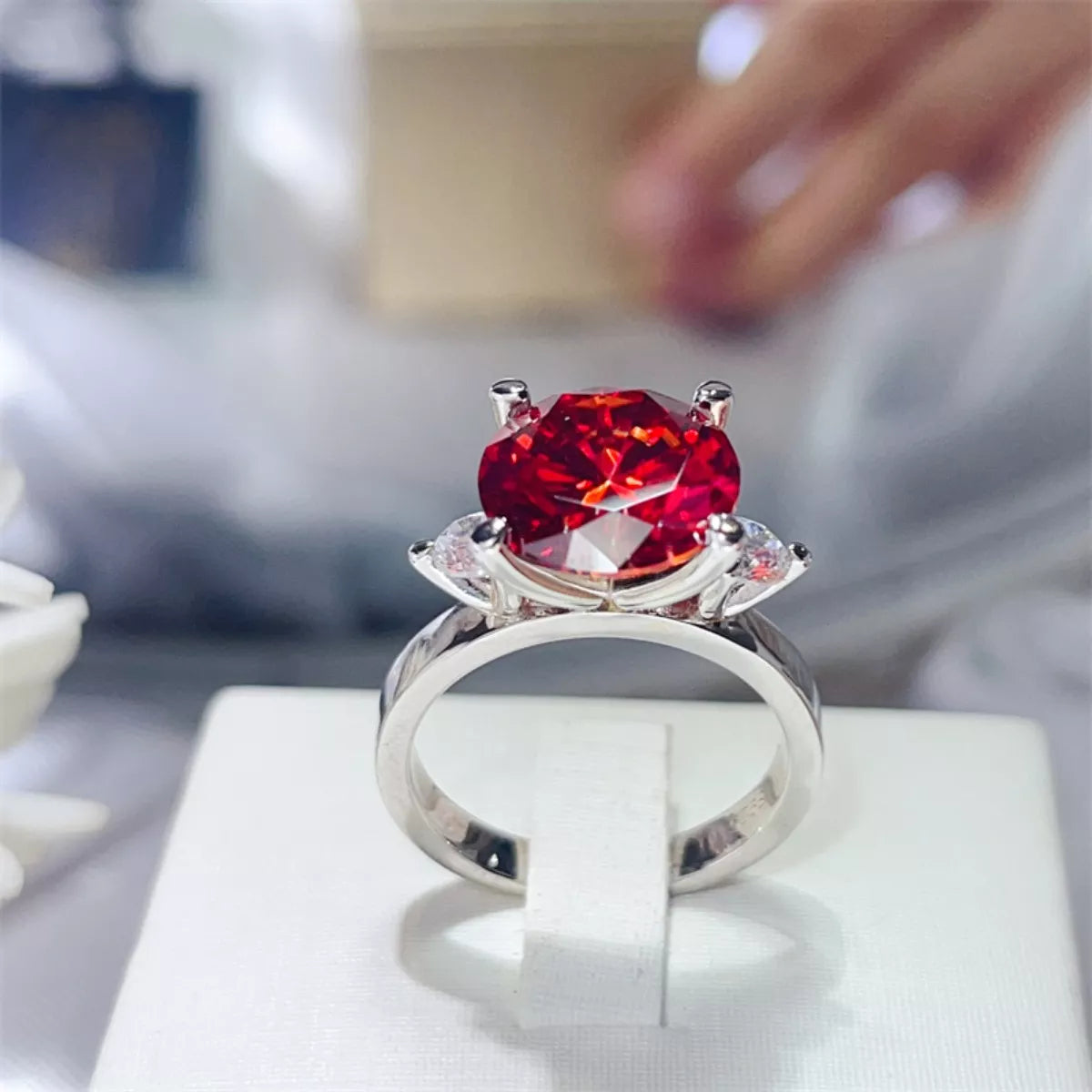 5 Carat Moissanite Sterling Silver Ring in Red - women's ring