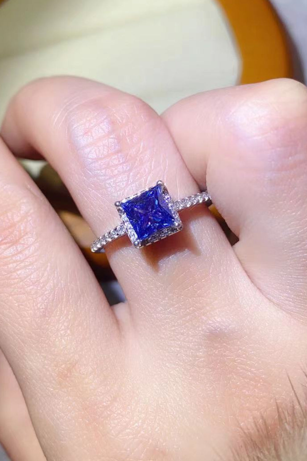 1 Carat Moissanite Sterling Silver Square Ring in Blue - women's ring