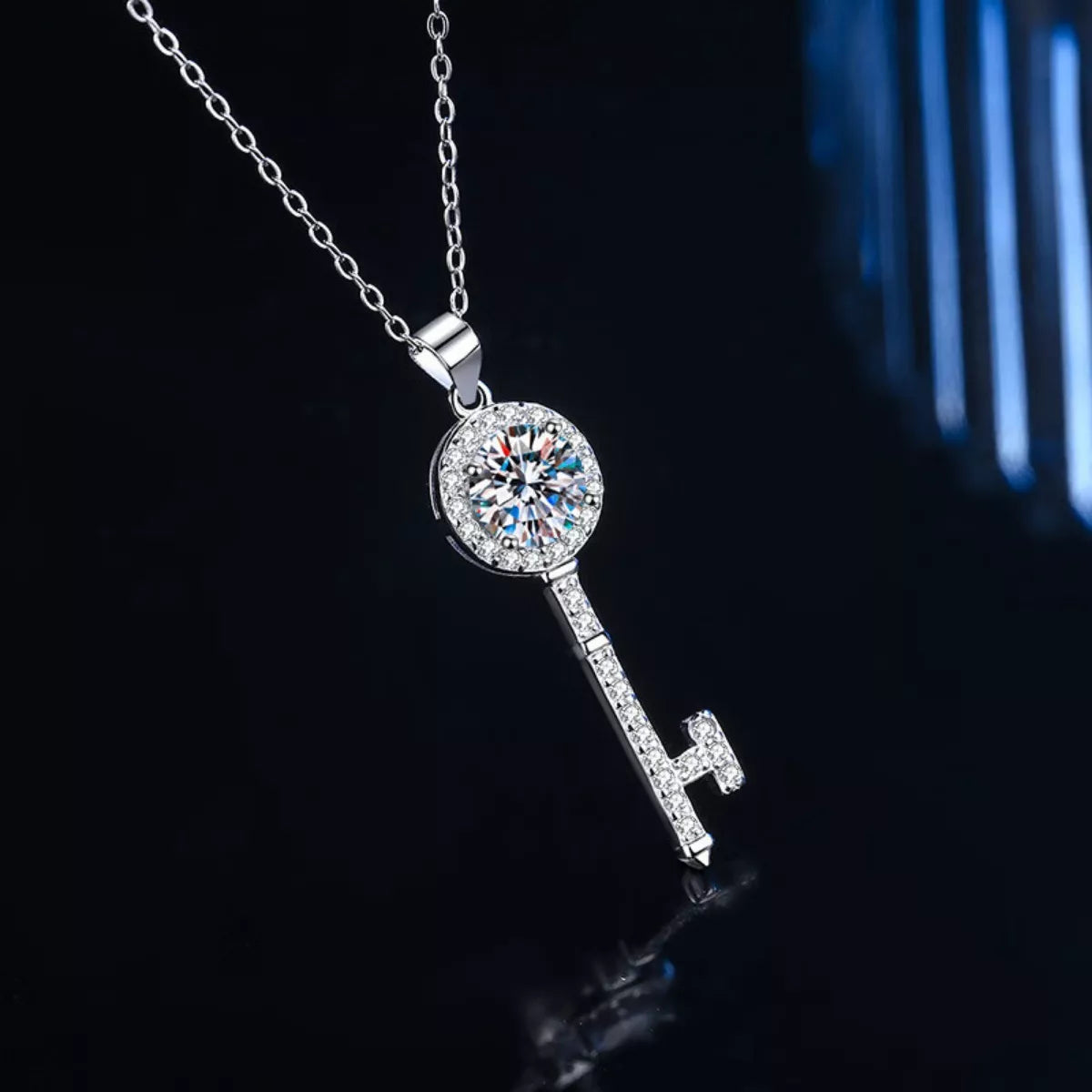 1 Carat Sterling Silver Moissanite Key Pendant Necklace - alternate necklace view
