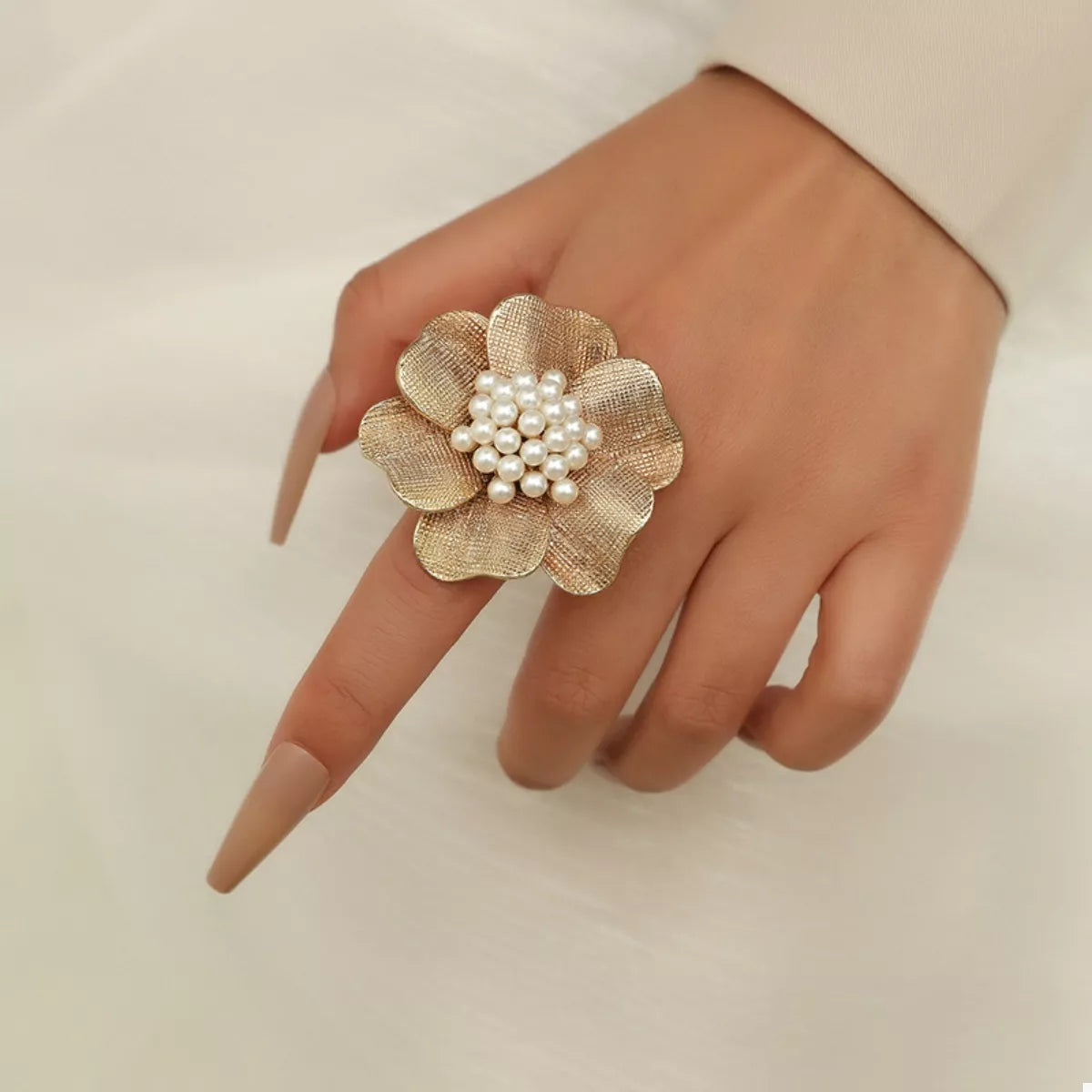 18K Gold-Plated Pearl Flower Ring in Gold - women's ring