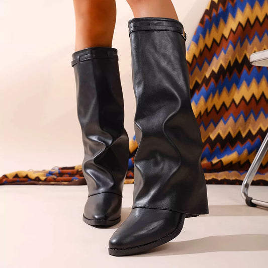 Pointed-Toe Block-Heel Boots in Black - women's boots
