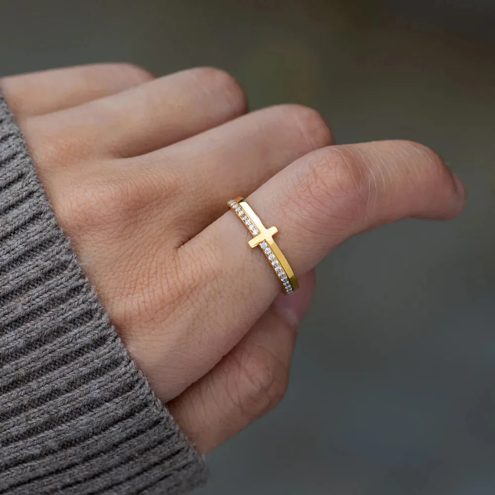 Sterling Silver Cross Ring in Gold - women's ring