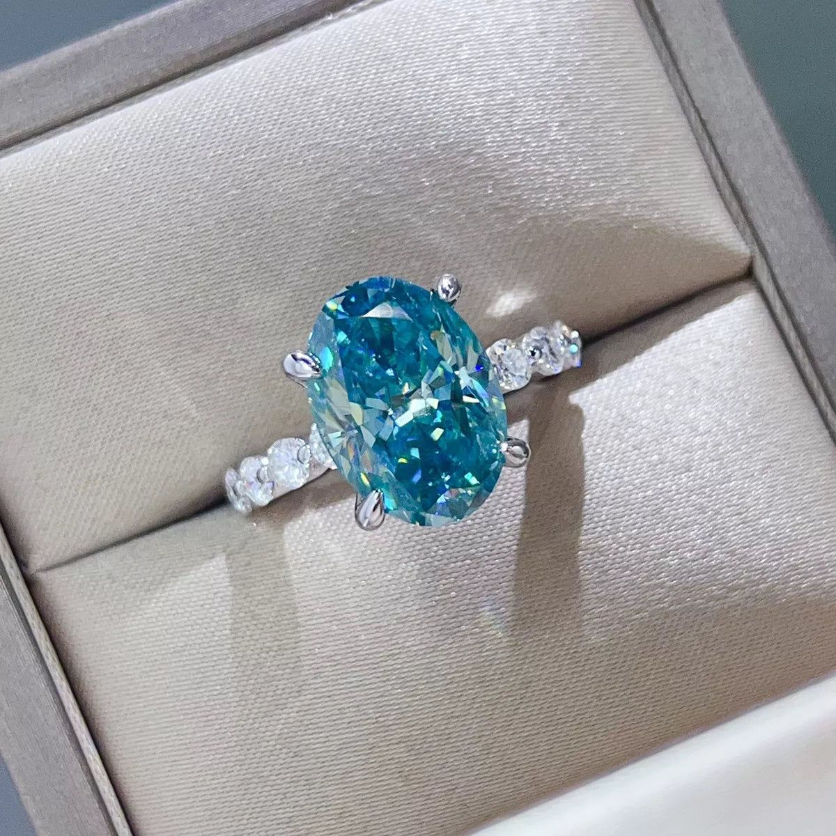 10 Carat Sterling Silver Moissanite Oval Ring in Cerulean - women's ring