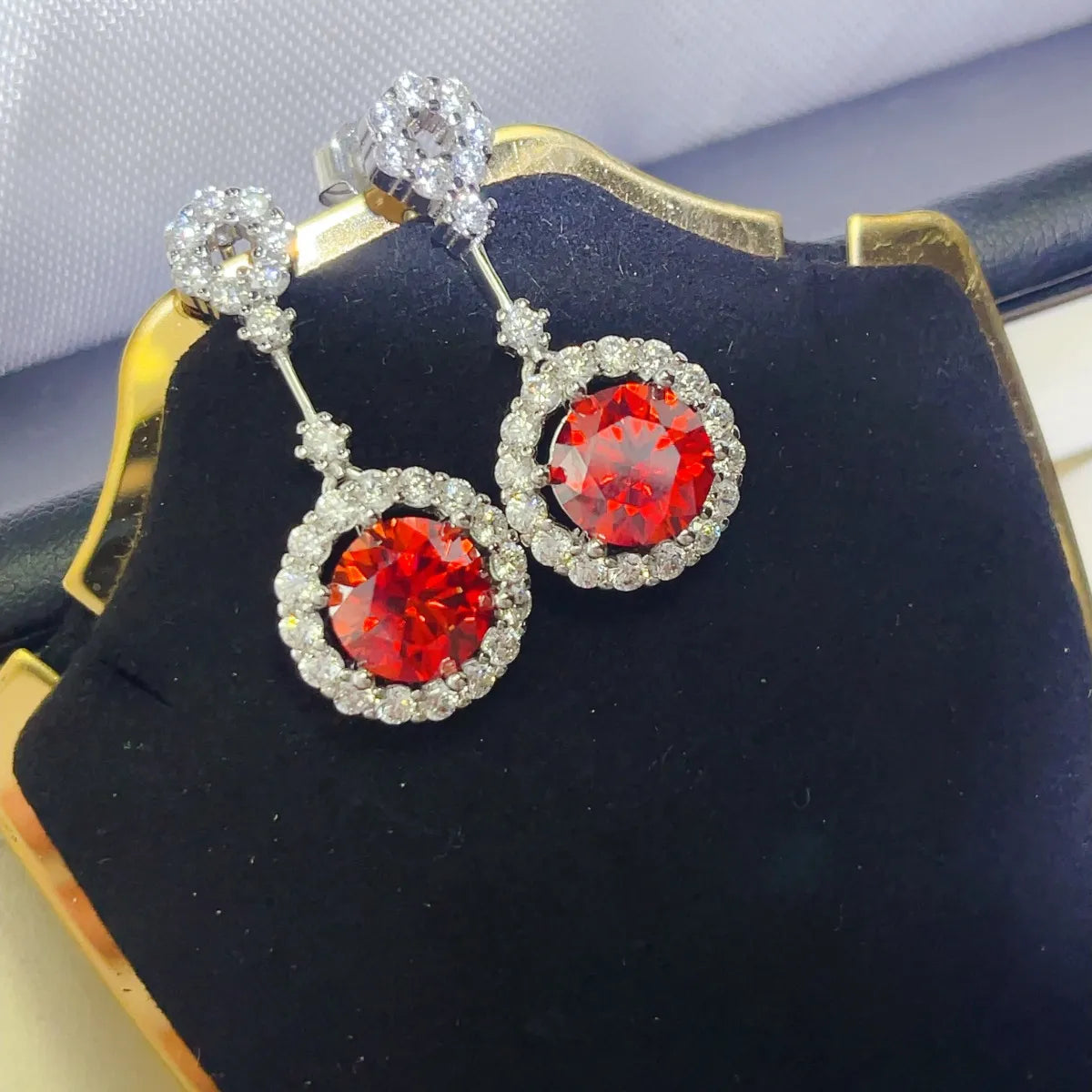 4 Carat Ruby Red Crystal Drop Earrings with Rhinestone Halo - alternate earring view