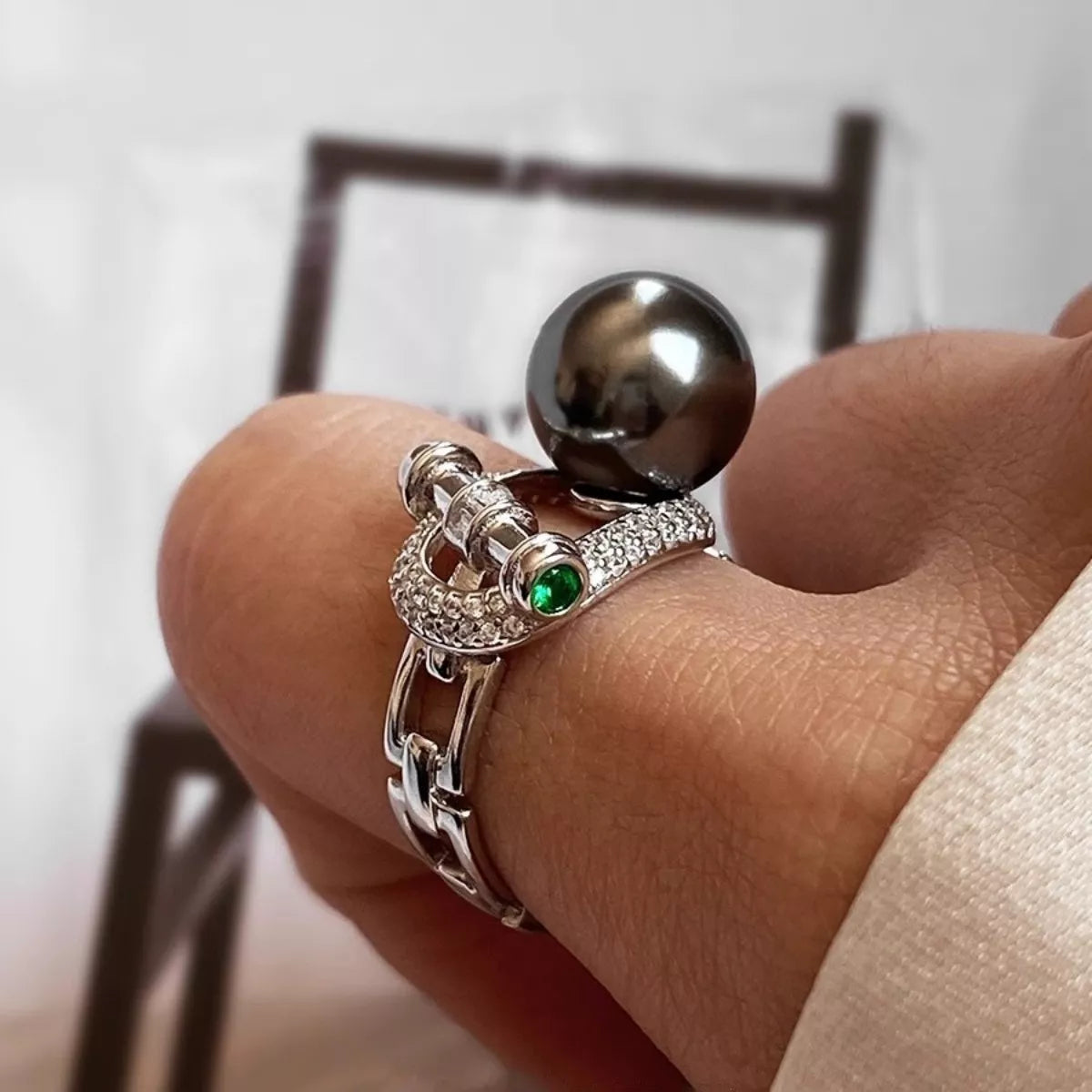 Sterling Silver Zircon Pearl Ring - alternate ring view