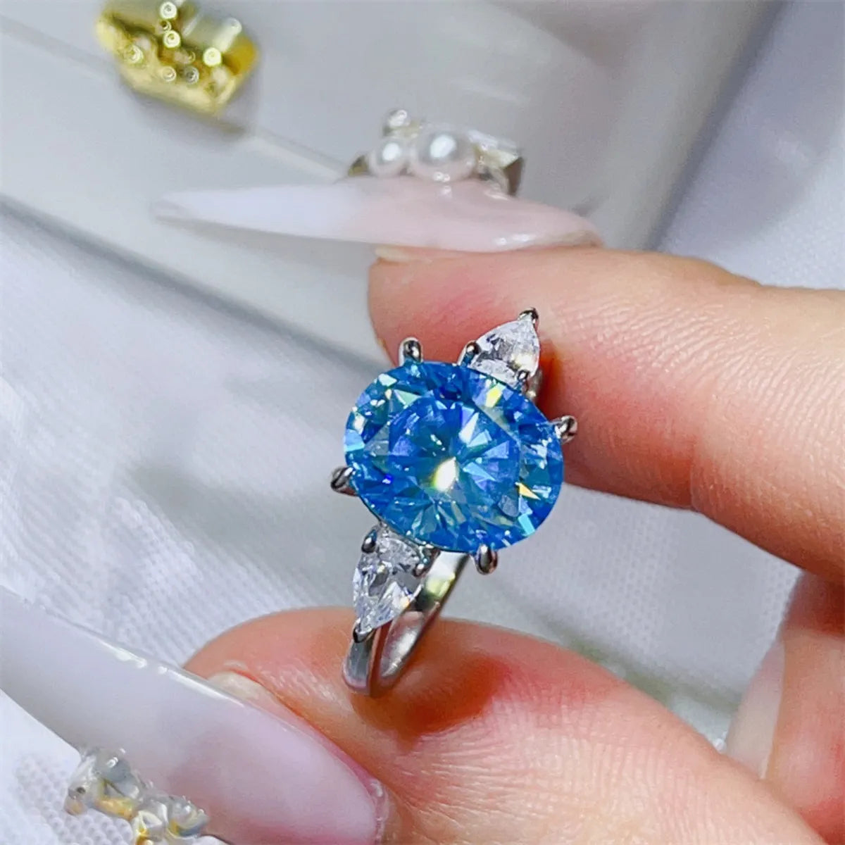 3 Carat Moissanite Sterling Silver Ring in Blue - women's ring