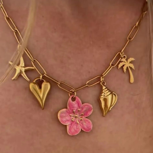 Beach Theme Pendant Necklace with Resin Flower - alternate necklace view