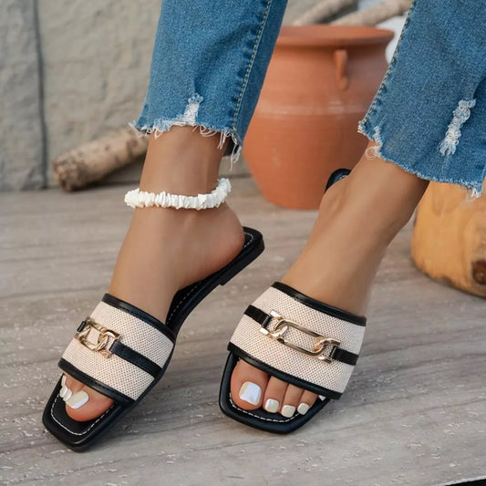Open-Toe Flats Sandals in Black And White - women's flat sandals