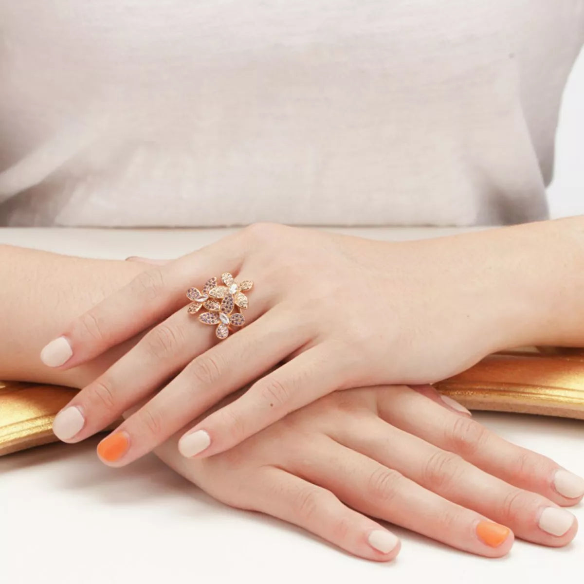 18K Gold-Plated Copper Rhinestone Zircon Flower Ring in Gold - women's ring