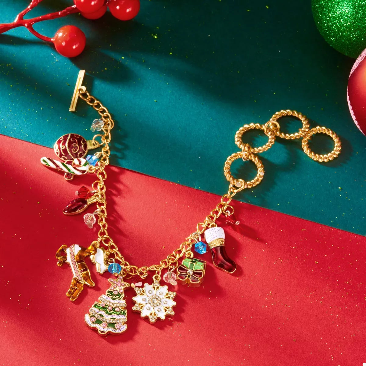18K Gold-Plated Christmas Charm Bracelet in Gold - women's charm bracelet