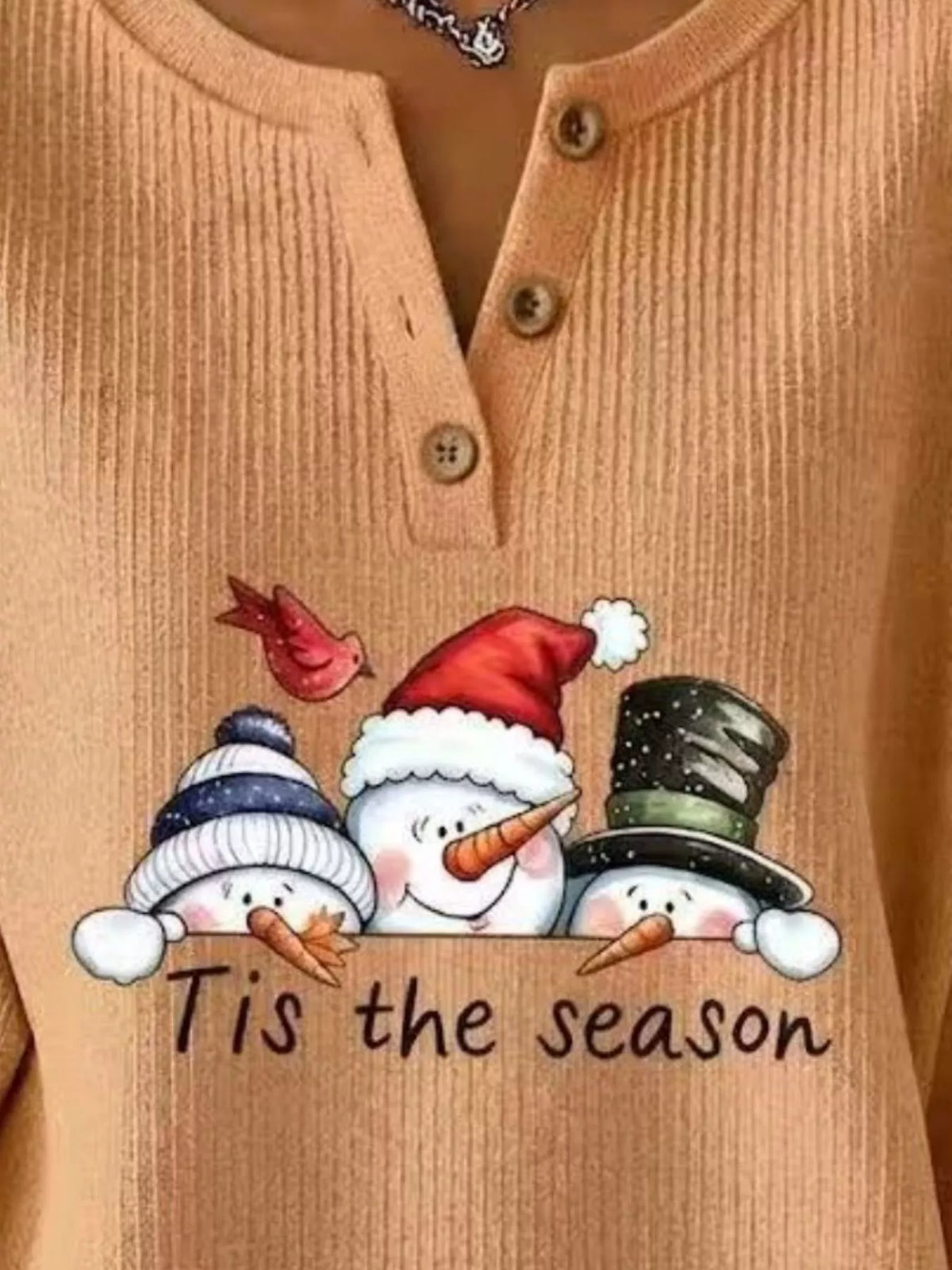 Christmas Themed Snowman Graphic Ribbed Henley Sweatshirt in Turquoise - women's sweatshirt