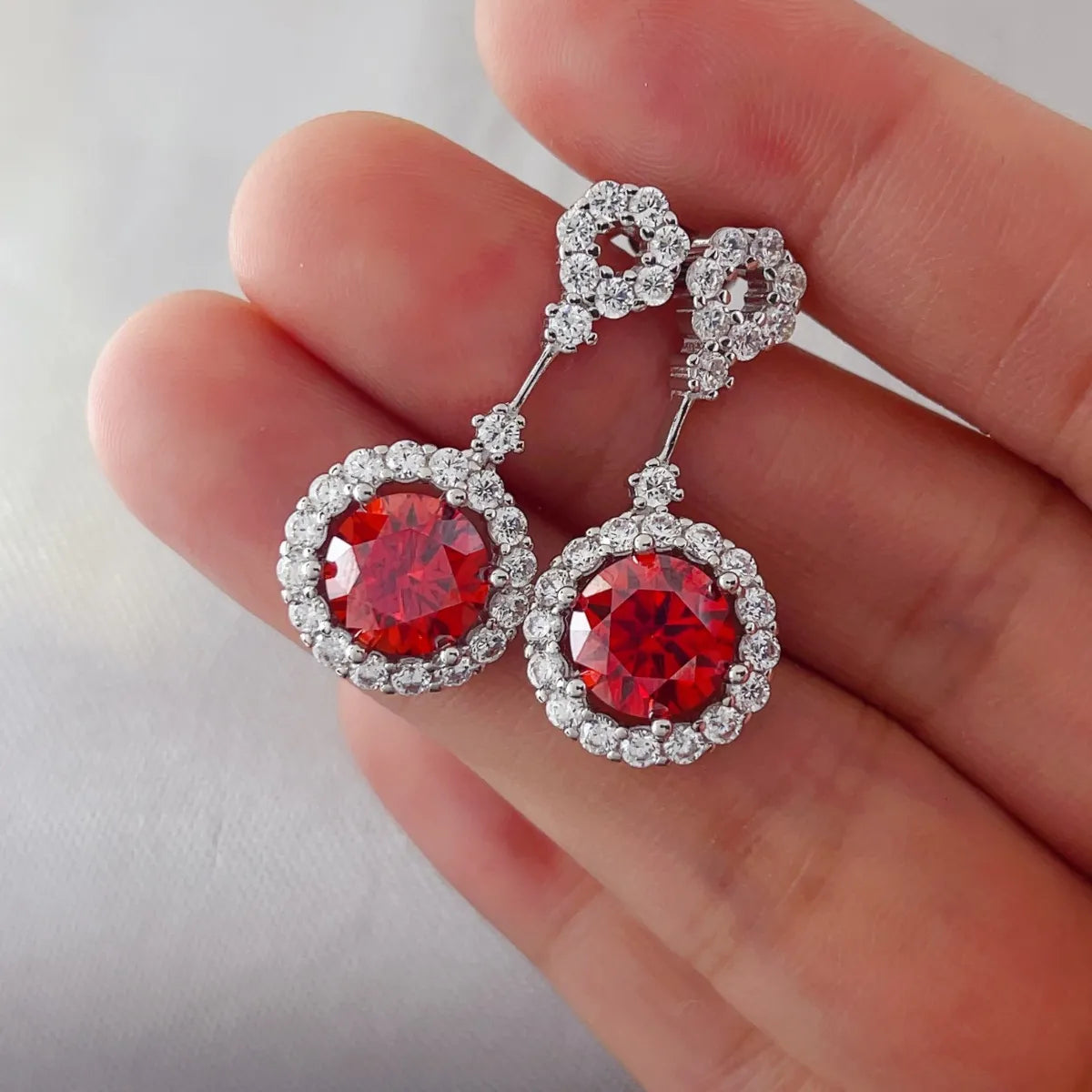4 Carat Ruby Red Crystal Drop Earrings with Rhinestone Halo - alternate earring view