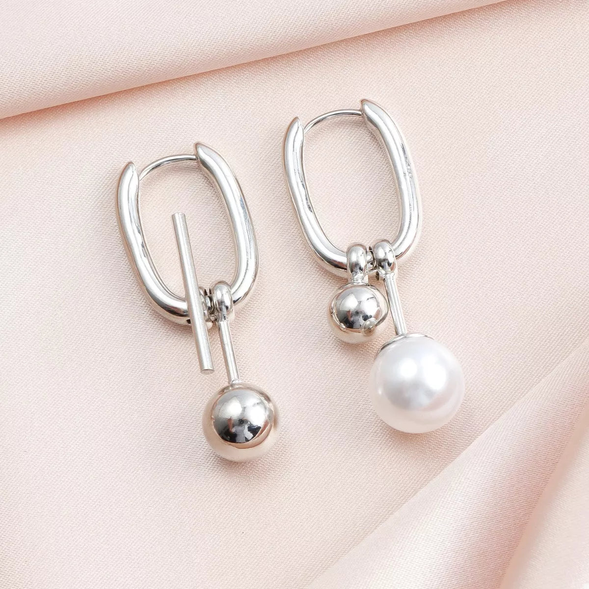 Asymmetrical Pearl Drop Hoop Earrings - alternate earring view