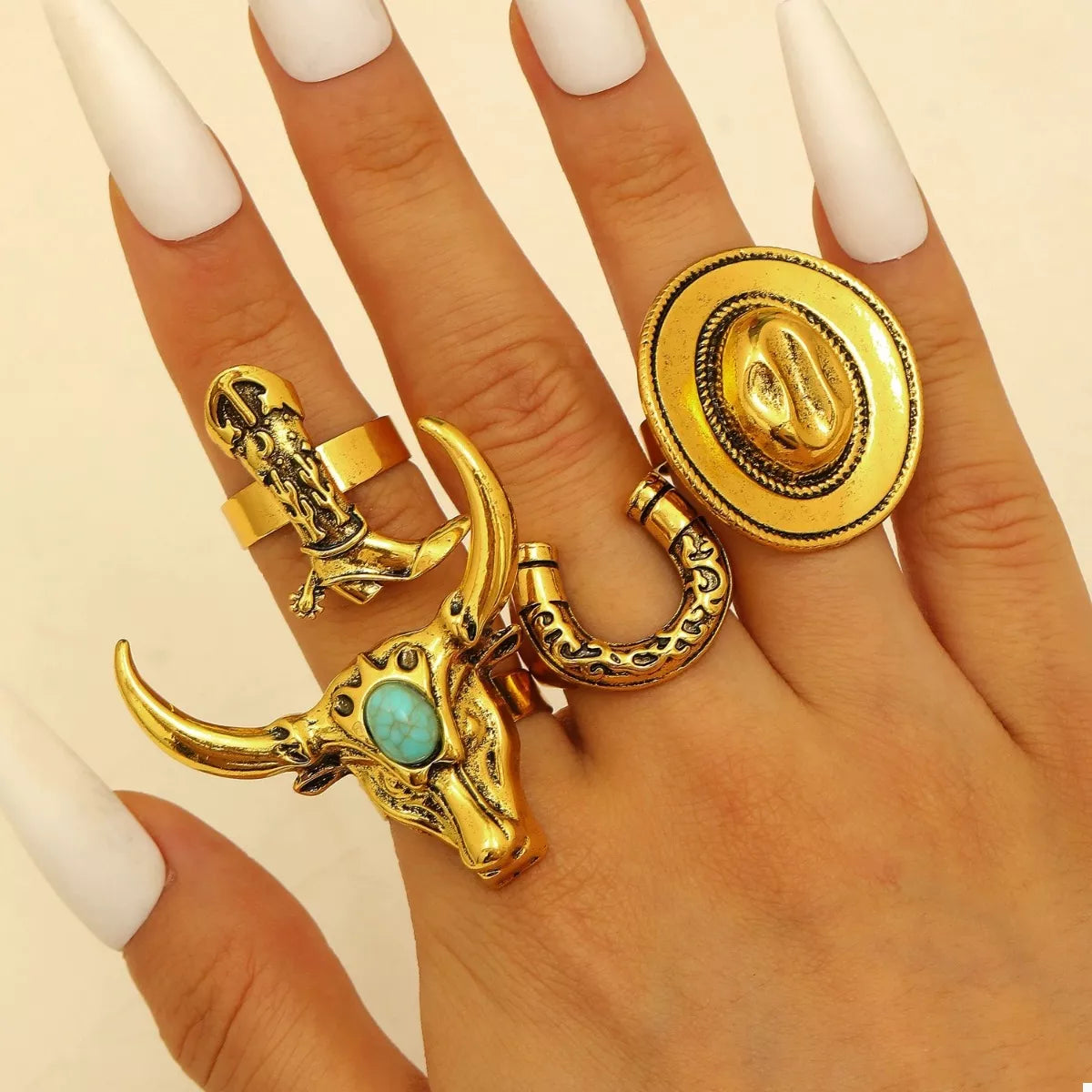 4 Piece Vintage Western Style Bull Head Rings - alternate ring view