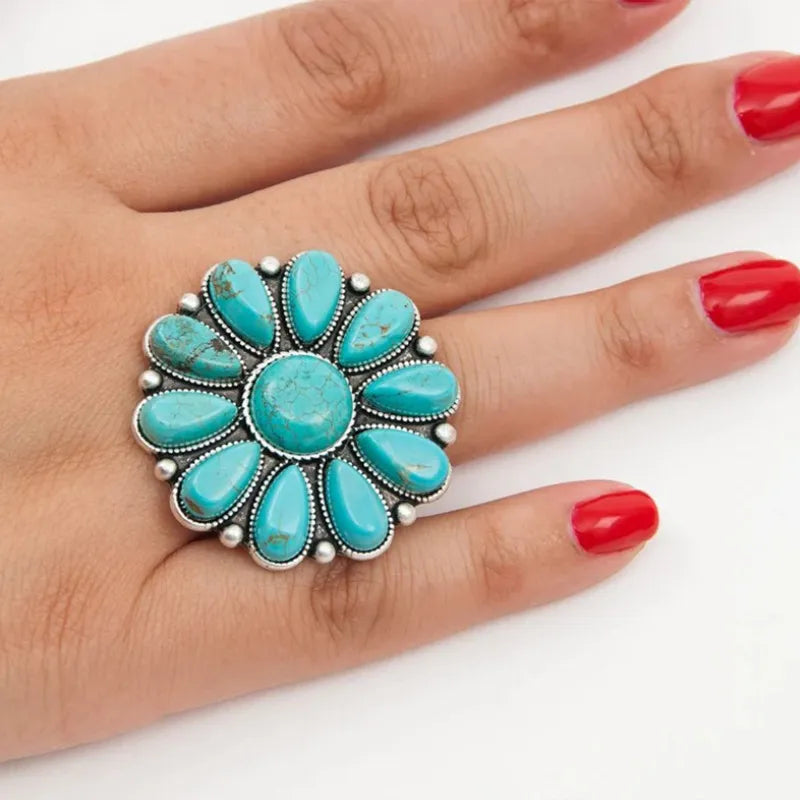 Artificial Turquoise Alloy Flower Ring - alternate ring view