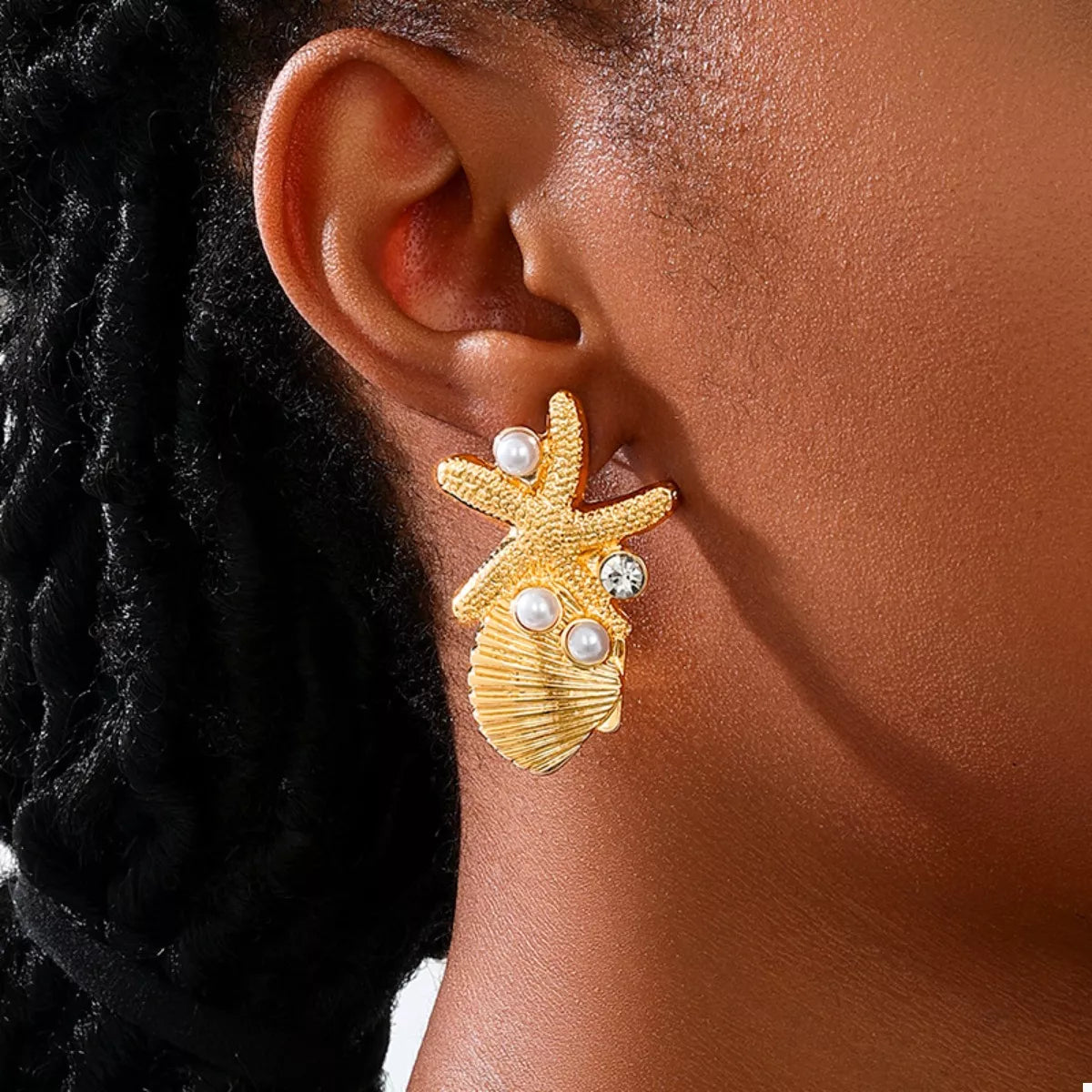 Ocean Starfish Shell Synthetic Pearl Drop Earrings in Gold - women's drop earrings