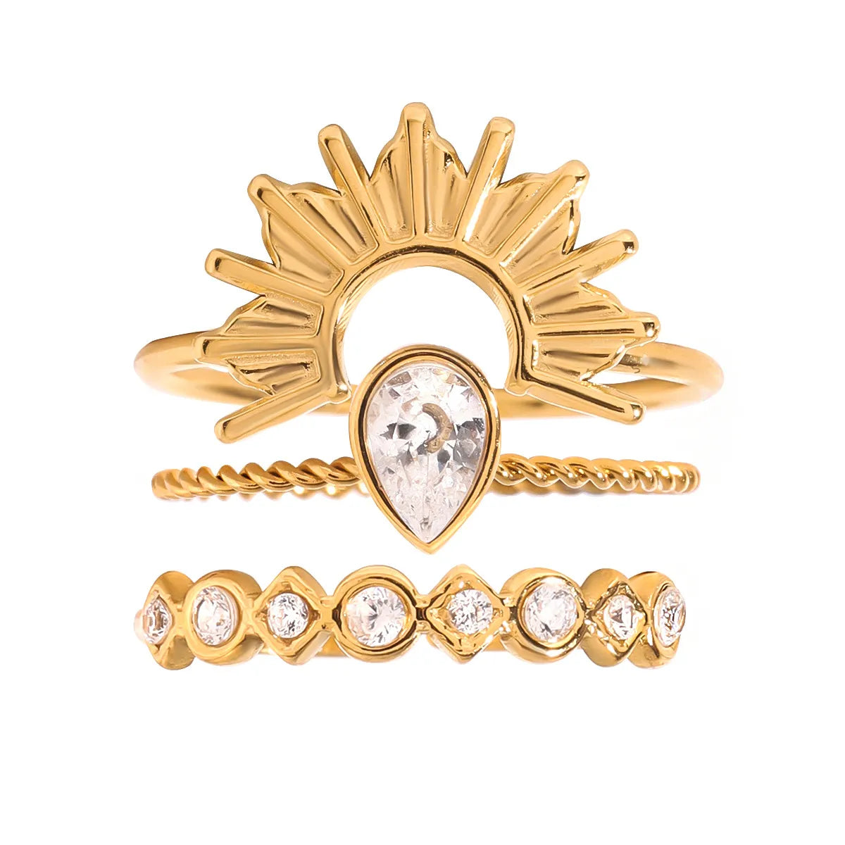 3 Piece Stainless Steel Rhinestone Sunburst Crown Ring - alternate ring view