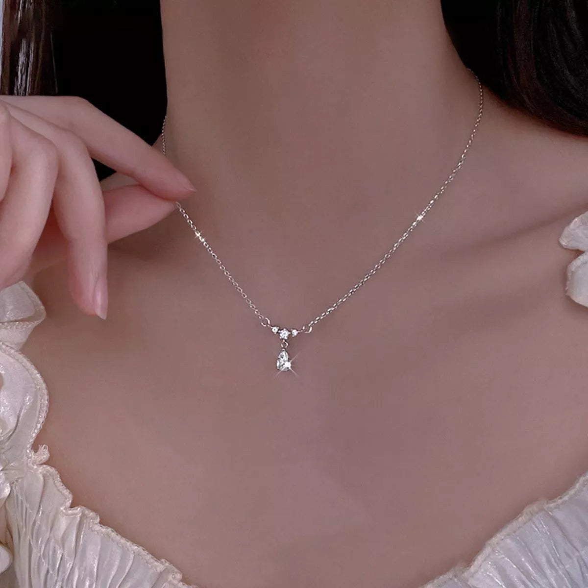 Sterling Silver Zircon Teardrop Necklace - alternate necklace view