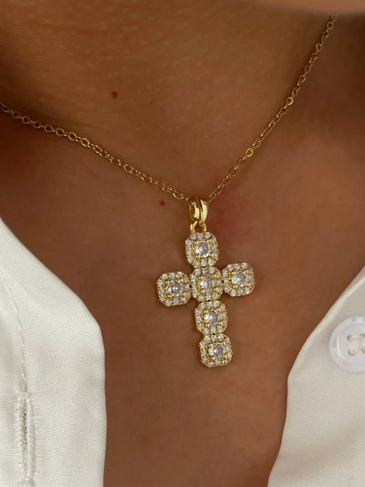 Stainless Steel Inlaid Zircon Cross Necklace in Gold - women's necklace