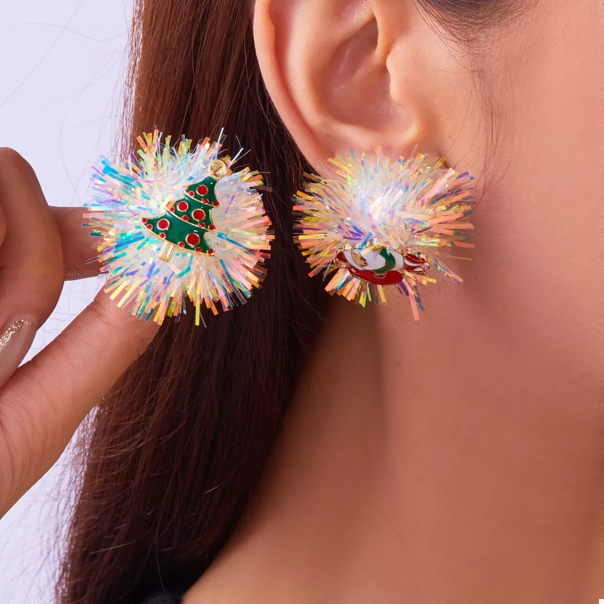 Christmas Asymmetrical Tinsel Ball Earrings - alternate earring view