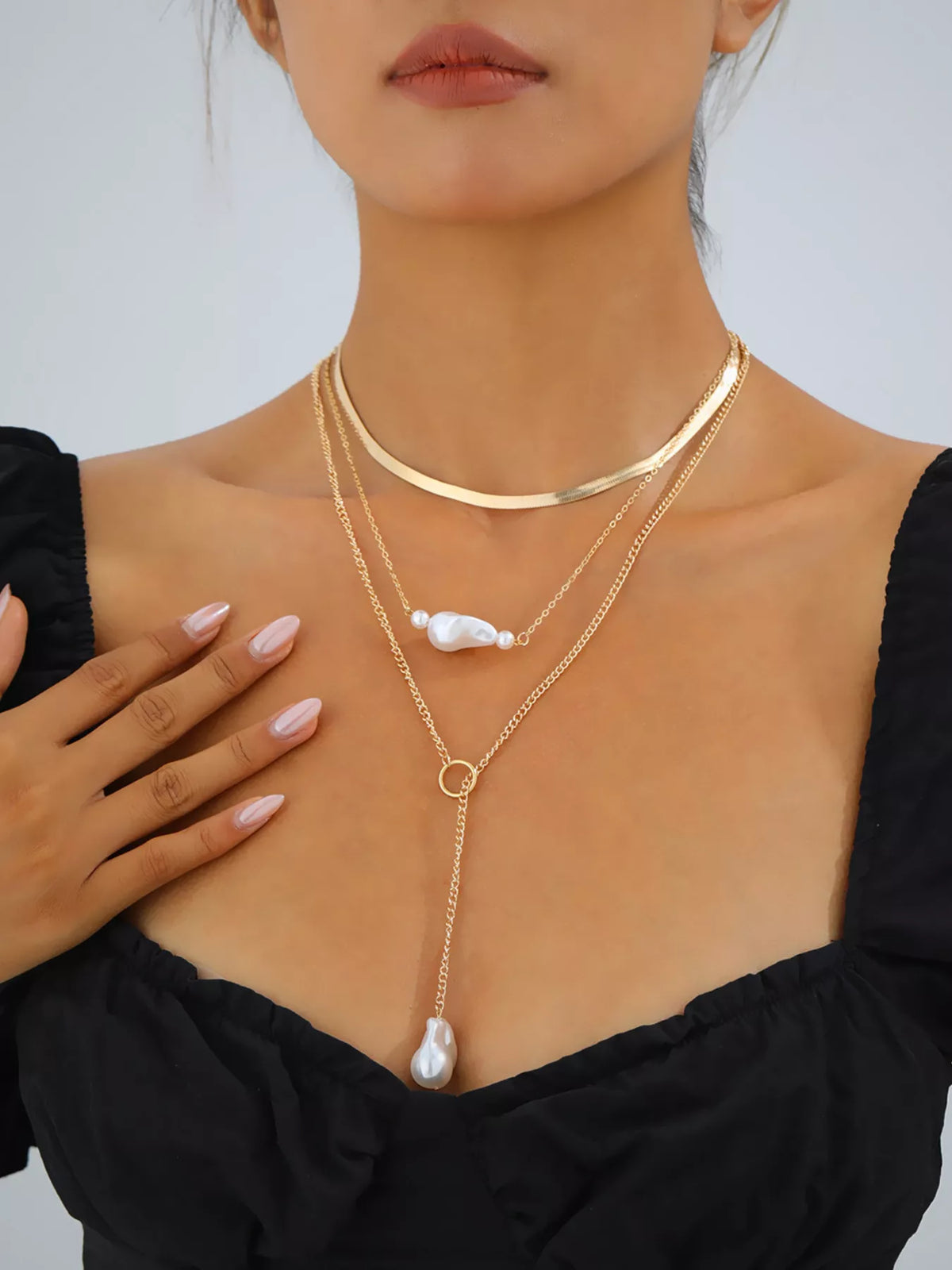 18K Gold-Plated Three Layered Pearl Necklace - alternate necklace view
