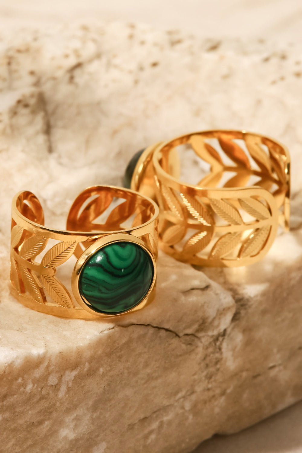18K Gold-Plated Malachite Leaf Ring - alternate ring view
