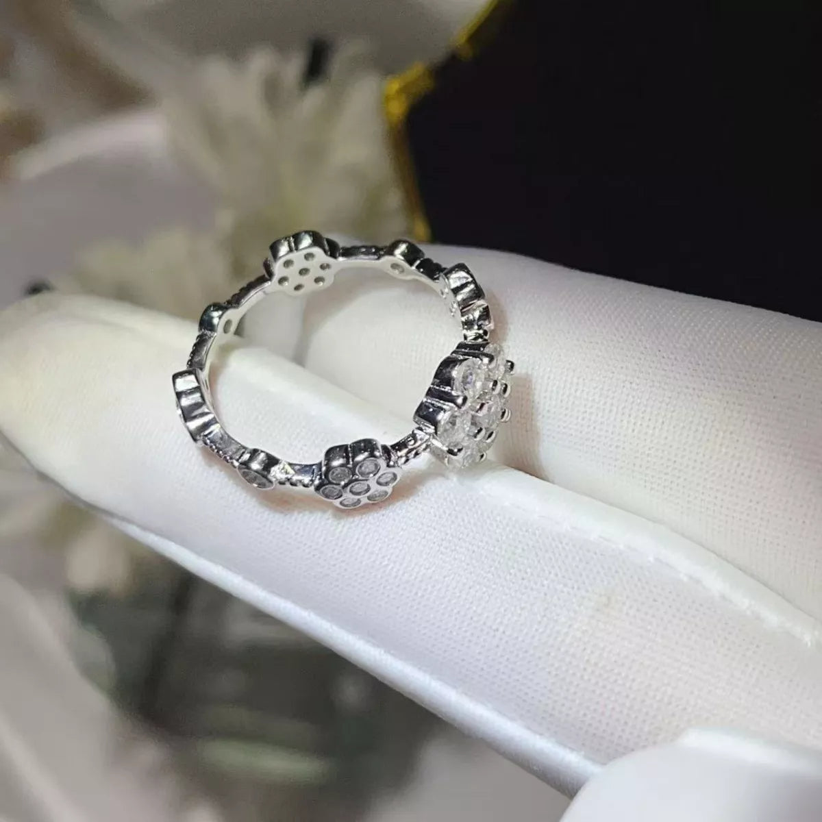 Sterling Silver Moissanite Flower Ring in Silver - women's ring