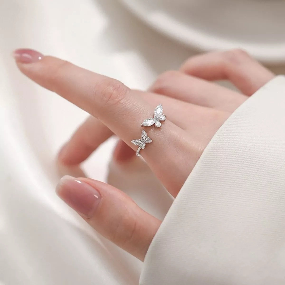 Sterling Silver Zircon Butterfly Open Ring - alternate ring view