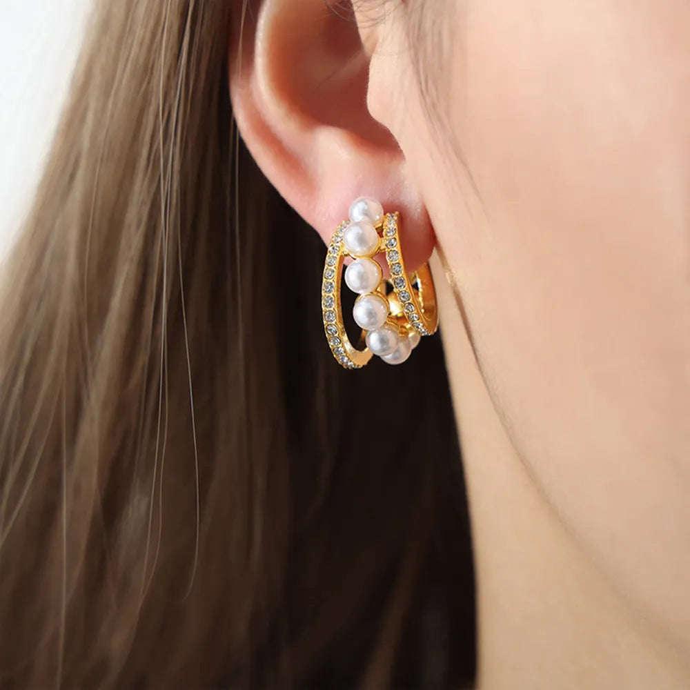 Pearl Titanium Steel C-Hoop Earrings in Gold - women's hoop earrings