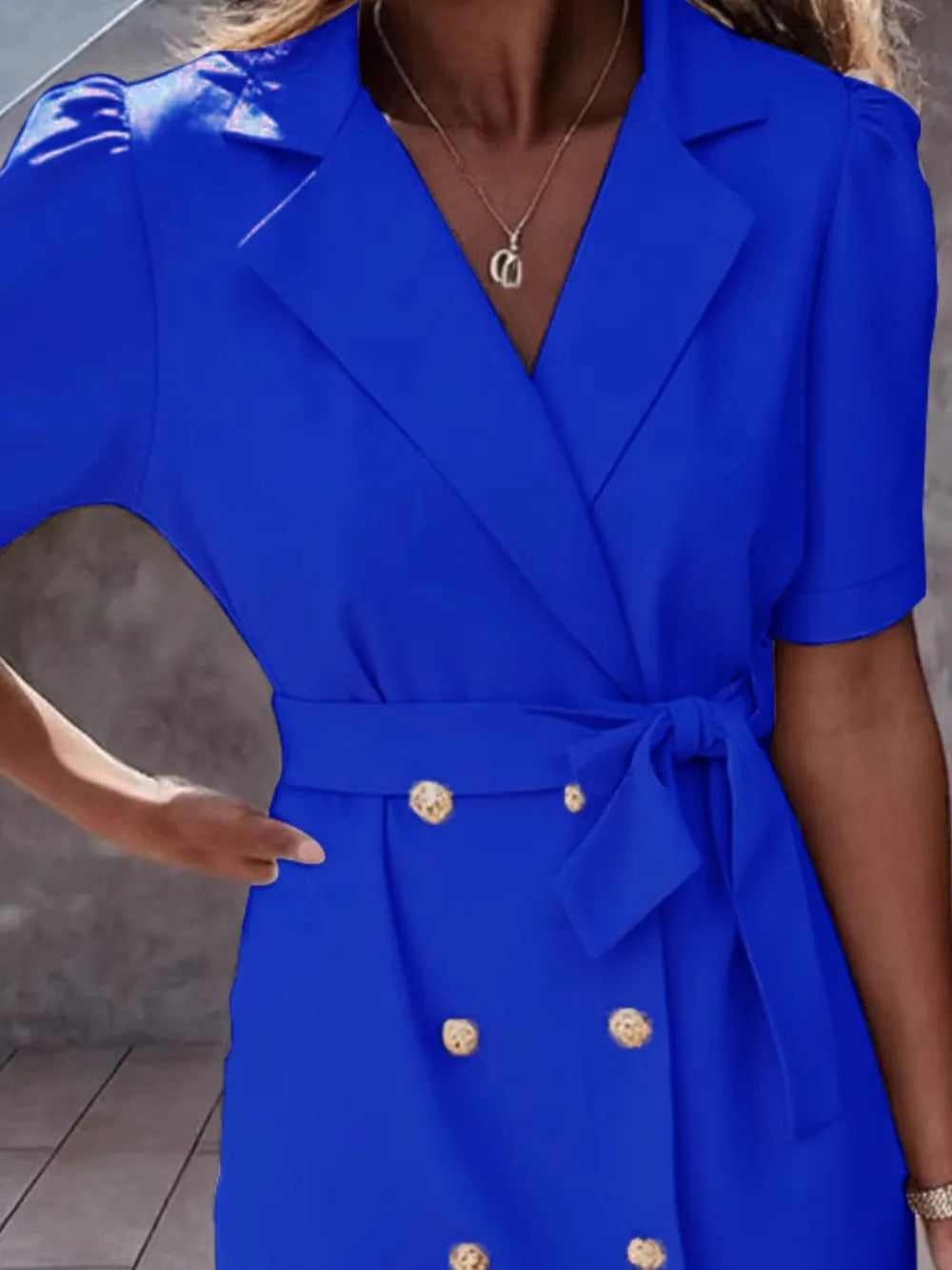 Lapel Collar Short Sleeve Tie Waist Mini Dress in Royal Blue - Blossom's