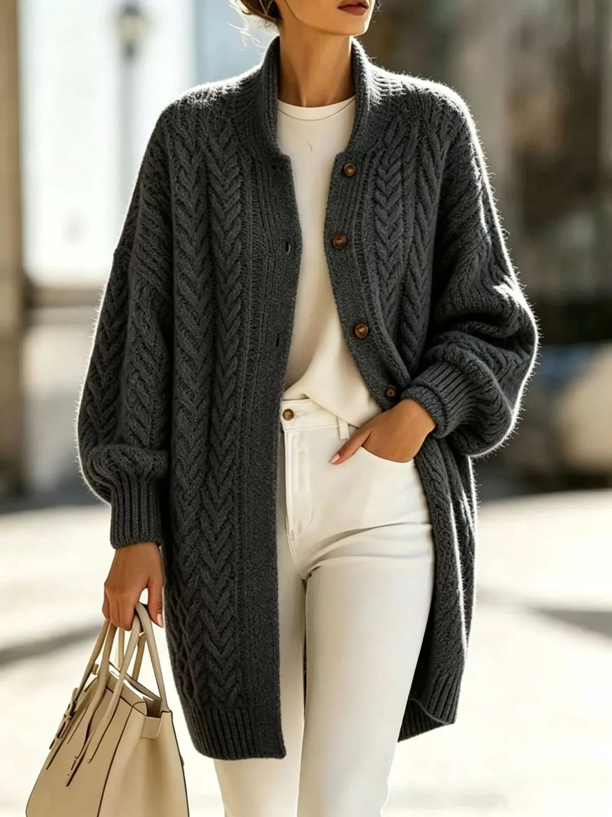 Cable-Knit Button-Down Cardigan in Light Blue - women's cardigan