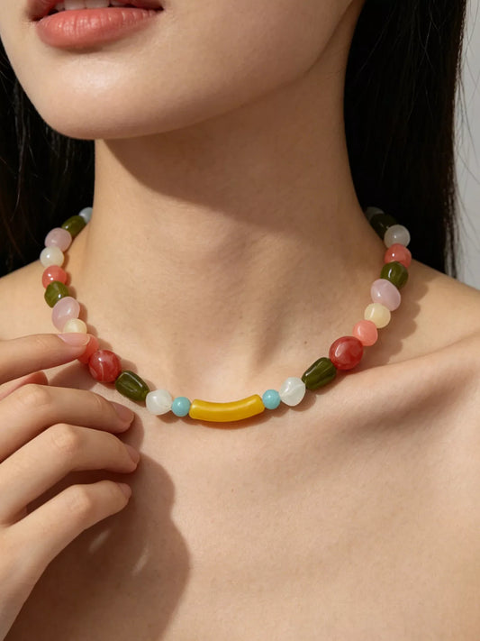 Colorful Beaded Choker Necklace in Pastel Yellow - women's choker necklace
