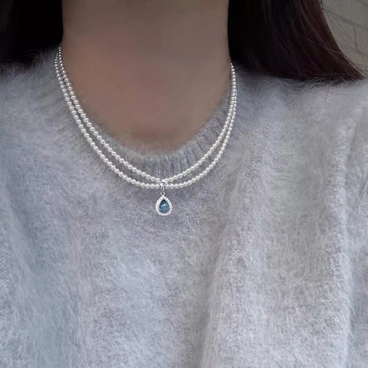 Double Layered Pearl Necklace with Teardrop Pendant - alternate necklace view