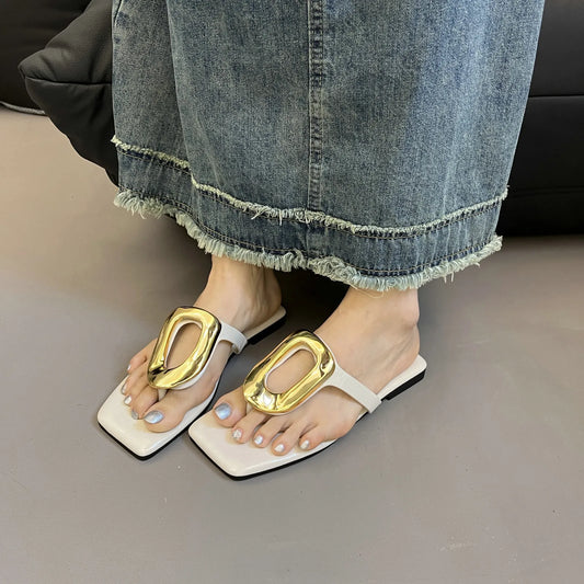 Square-Toe-Post Metal Sandals in Black - women's thong sandals