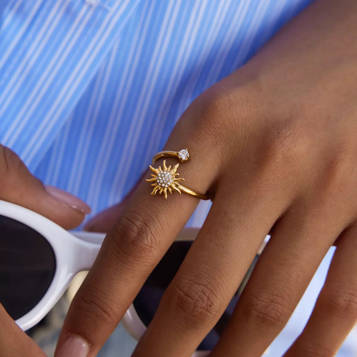 18K Gold-Plated Zircon Sun Bypass Ring in Gold - women's ring