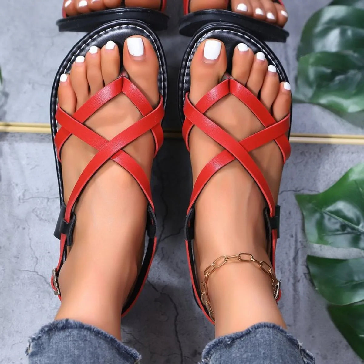 Strappy Cross-Strap Flat Sandals in Red - women's strappy flat sandals