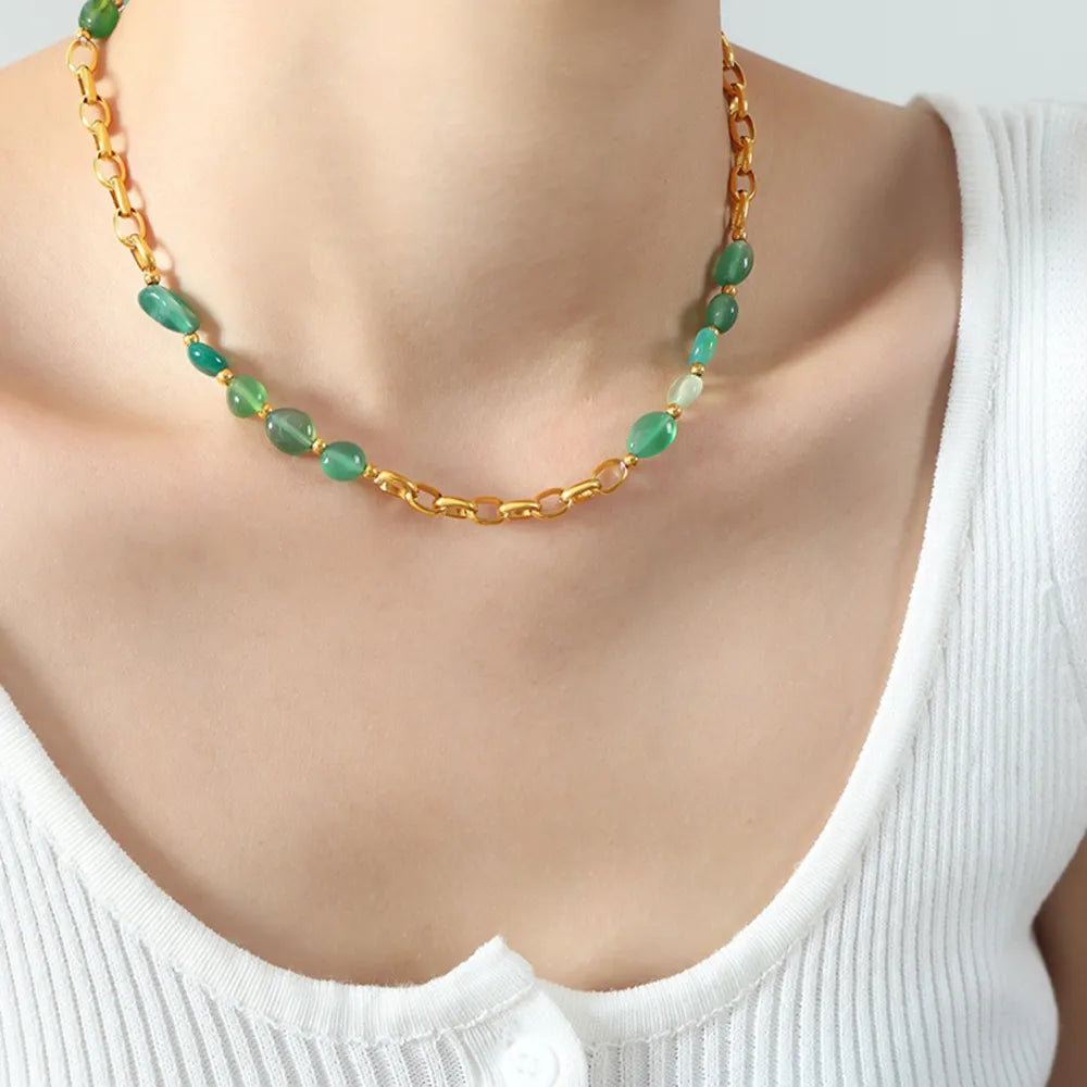 Beaded Titanium Steel Necklace in Dark Green - women's necklace